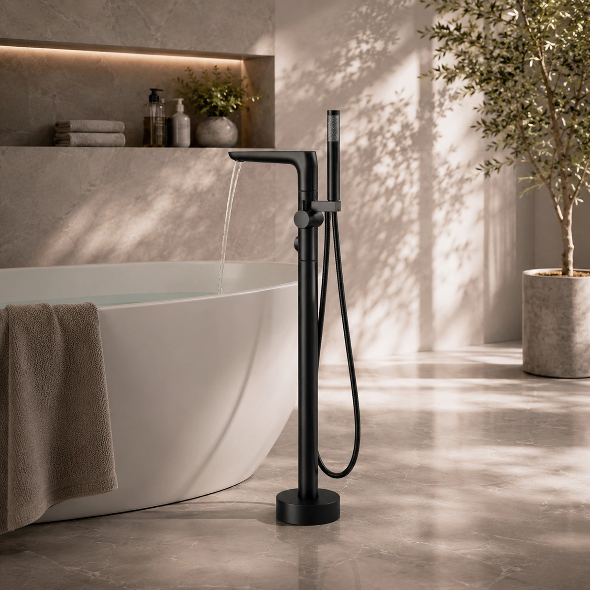 Détail robinet mitigeur de baignoire au sol noir Caen